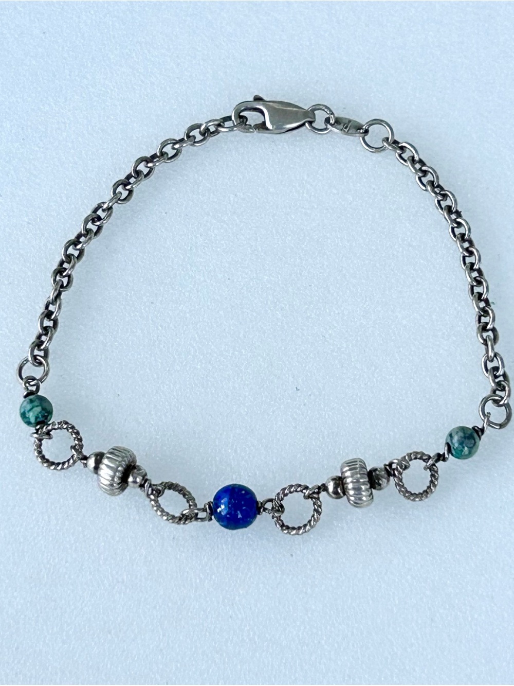 Vintage Sterling Silver Bracelet 7.5” Lapis Lazuli and Turquoise Beads